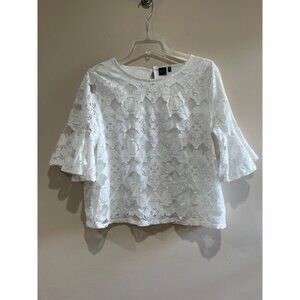 Kaari Blue Lace Blouse Womens XL White 3/4 Bell Sleeve Lined Cottage Core